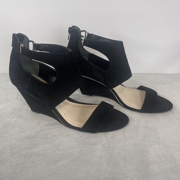 Alfani Wedge Sandals Black Velvet Size 9.5 Comfort Ankle Strap Back Zipper - Picture 1 of 10